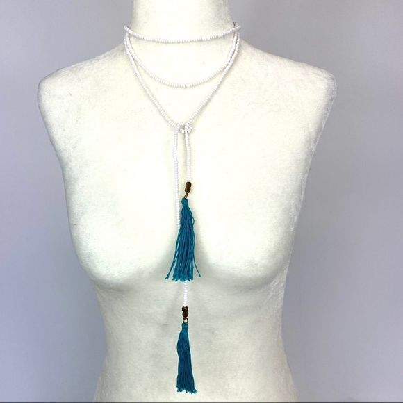 White seed bead with aqua tassel wrap necklace - Picture 9 of 15